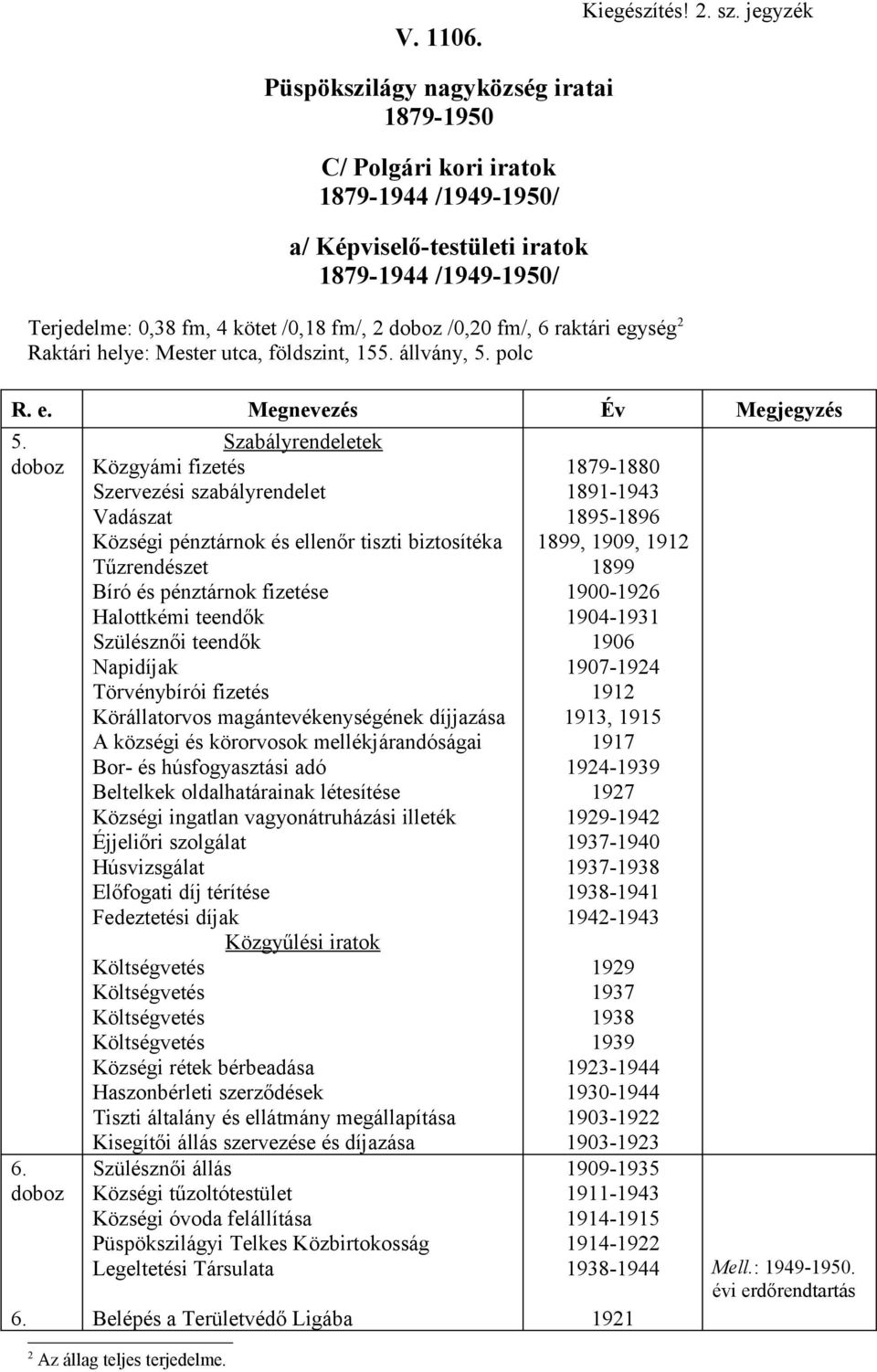 állvány, 5. polc R. e. Megnevezés Év Megjegyzés 5. 6.