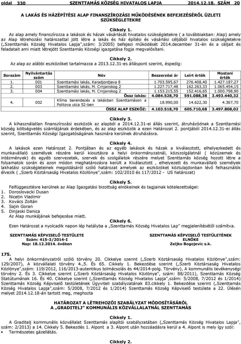 céljából hivatalos szükségletekre ( Szenttamás Község Hivatalos Lapja,szám: 3/2005) befejezi működését 2014.