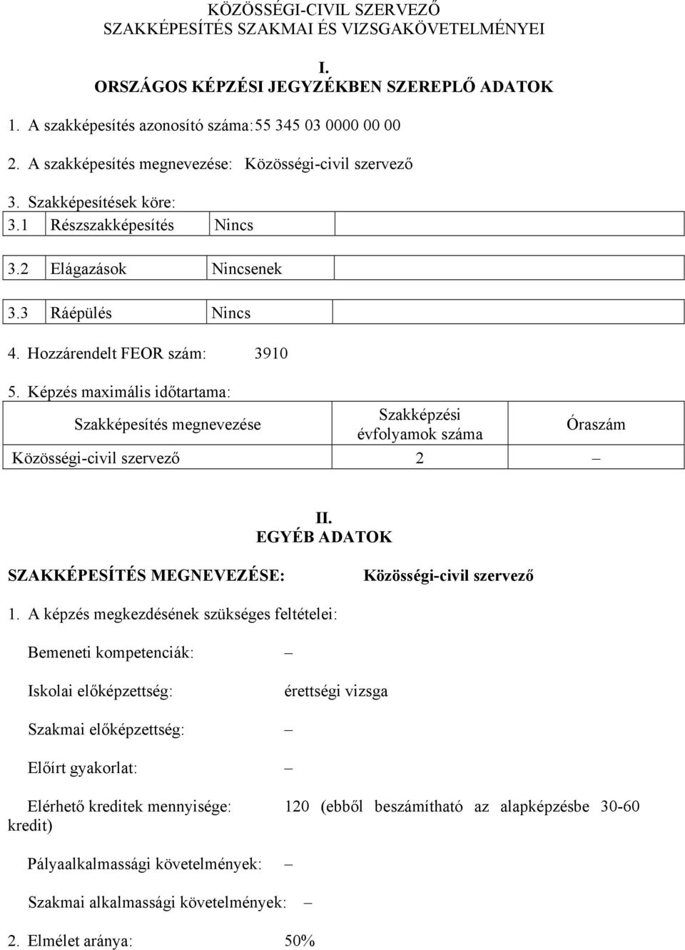 Képzés maximális időtartama: Szakképesítés megnevezése Szakképzési évfolyamok száma Óraszám Közösségi-civil szervező 2 II. EGYÉB ADATOK SZAKKÉPESÍTÉS MEGNEVEZÉSE: Közösségi-civil szervező 1.