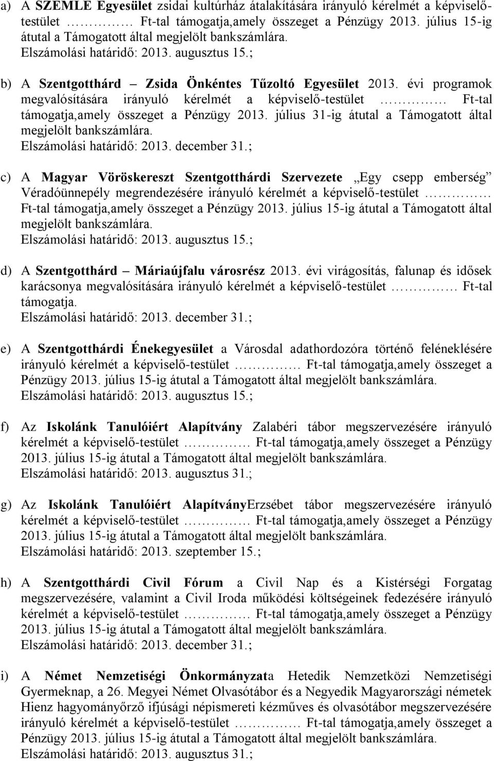 évi programok megvalósítására irányuló kérelmét a képviselő-testület Ft-tal támogatja,amely összeget a Pénzügy 2013. július 31-ig átutal a Támogatott által megjelölt bankszámlára.