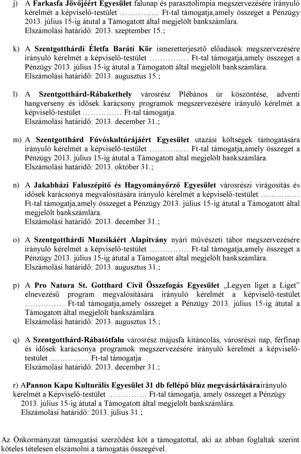 ; k) A Szentgotthárdi Életfa Baráti Kör ismeretterjesztő előadások megszervezésére irányuló kérelmét a képviselő-testület Ft-tal támogatja,amely összeget a Pénzügy 2013.
