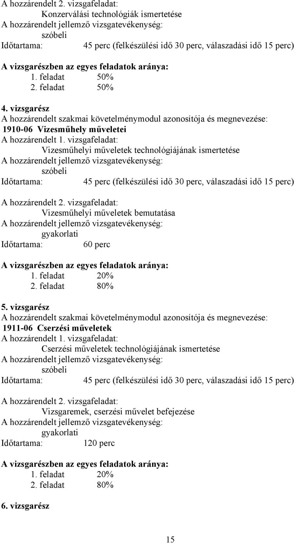vizsgafeladat: Vizesműhelyi műveletek technológiájának ismertetése szóbeli Időtartama: 45 perc (felkészülési idő 30 perc, válaszadási idő 15 perc) A hozzárendelt 2.