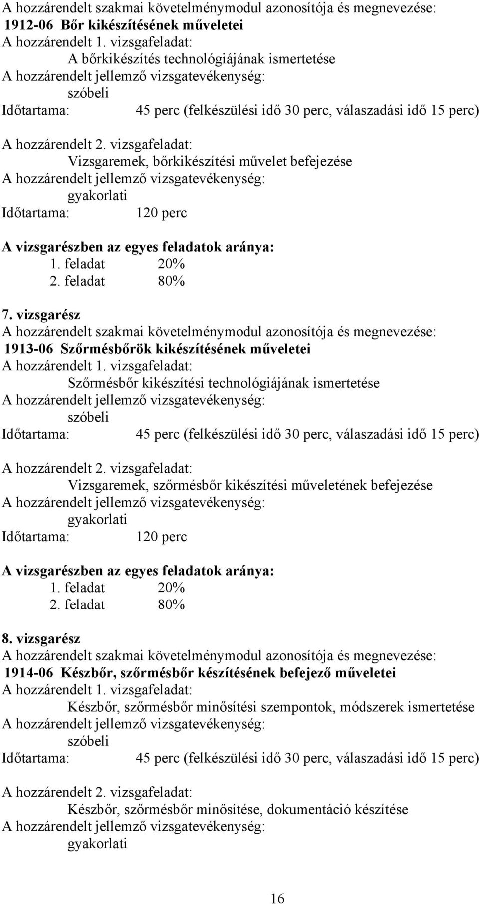 vizsgafeladat: Vizsgaremek, bőrkikészítési művelet befejezése gyakorlati Időtartama: 120 perc A vizsgarészben az egyes feladatok aránya: 1. feladat 20% 2. feladat 80% 7.