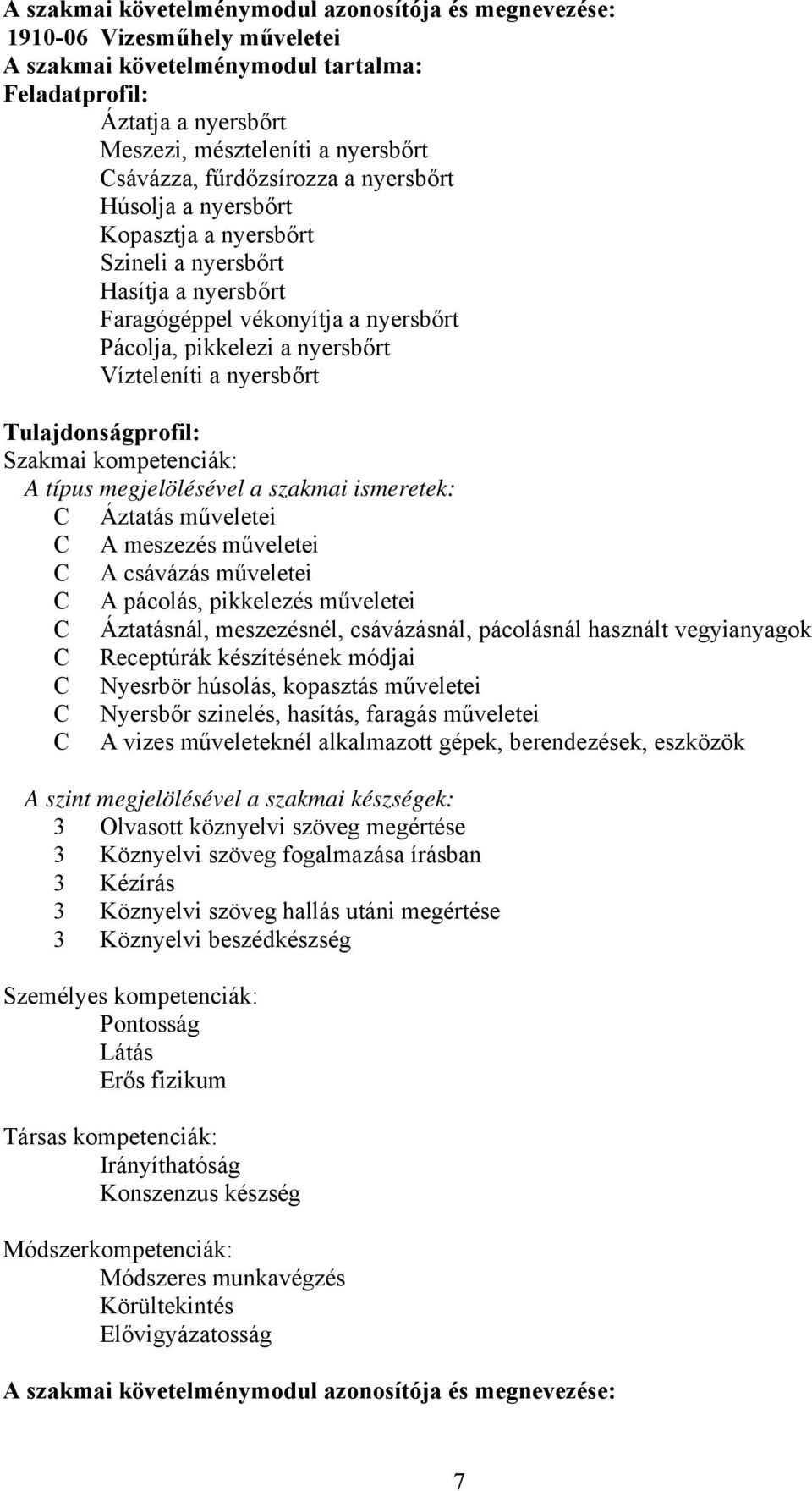 Tulajdonságprofil: Szakmai kompetenciák: A típus megjelölésével a szakmai ismeretek: Áztatás műveletei A meszezés műveletei A csávázás műveletei A pácolás, pikkelezés műveletei Áztatásnál,