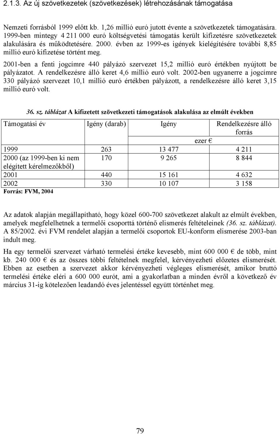 évben az 1999-es igények kielégítésére további 8,85 millió euró kifizetése történt meg. 2001-ben a fenti jogcímre 440 pályázó szervezet 15,2 millió euró értékben nyújtott be pályázatot.