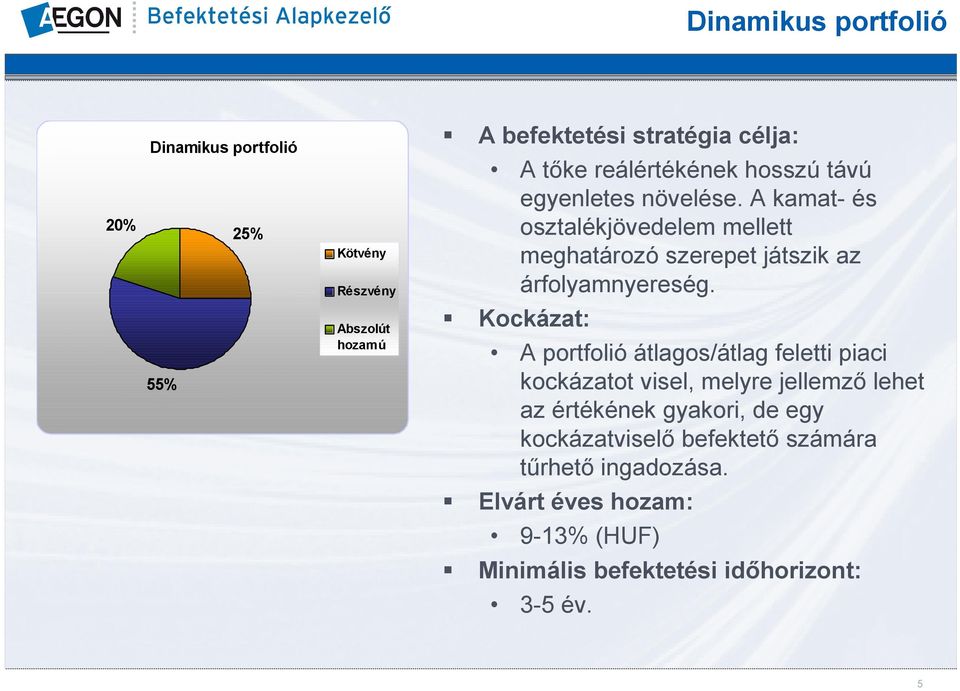 55% Abszolút hozamú Kockázat: A portfolió átlagos/átlag feletti piaci kockázatot visel, melyre jellemző lehet az értékének