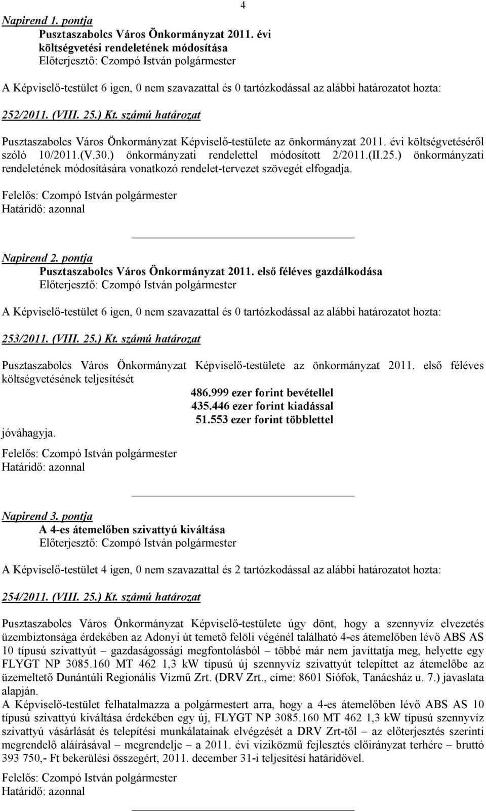 ) önkormányzati rendeletének módosítására vonatkozó rendelet-tervezet szövegét elfogadja. Napirend 2. pontja Pusztaszabolcs Város Önkormányzat 2011. első féléves gazdálkodása 253/2011. (VIII. 25.) Kt.