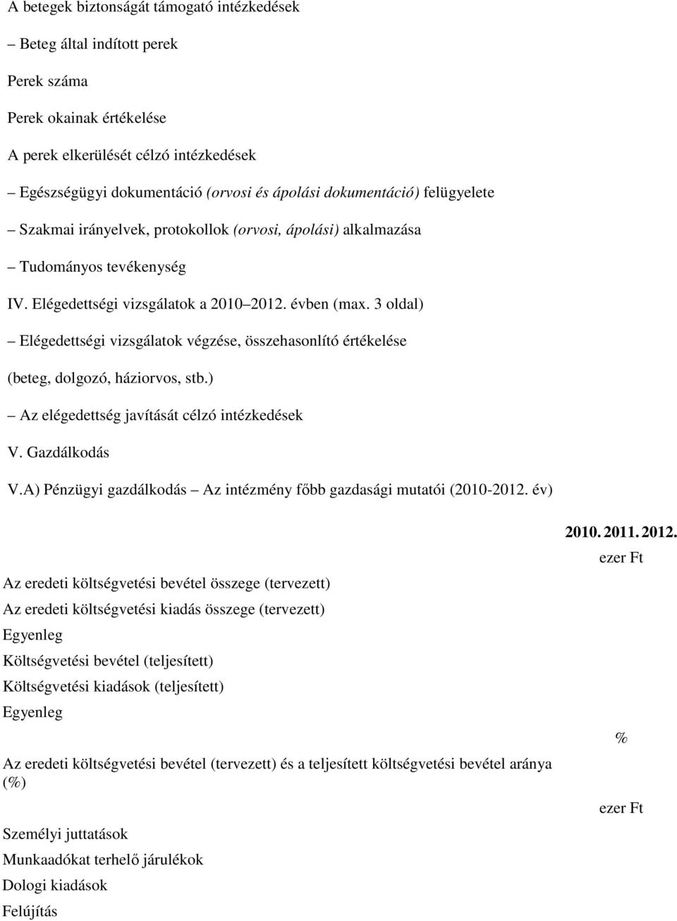 3 oldal) Elégedettségi vizsgálatok végzése, összehasonlító értékelése (beteg, dolgozó, háziorvos, stb.) Az elégedettség javítását célzó intézkedések V. Gazdálkodás V.