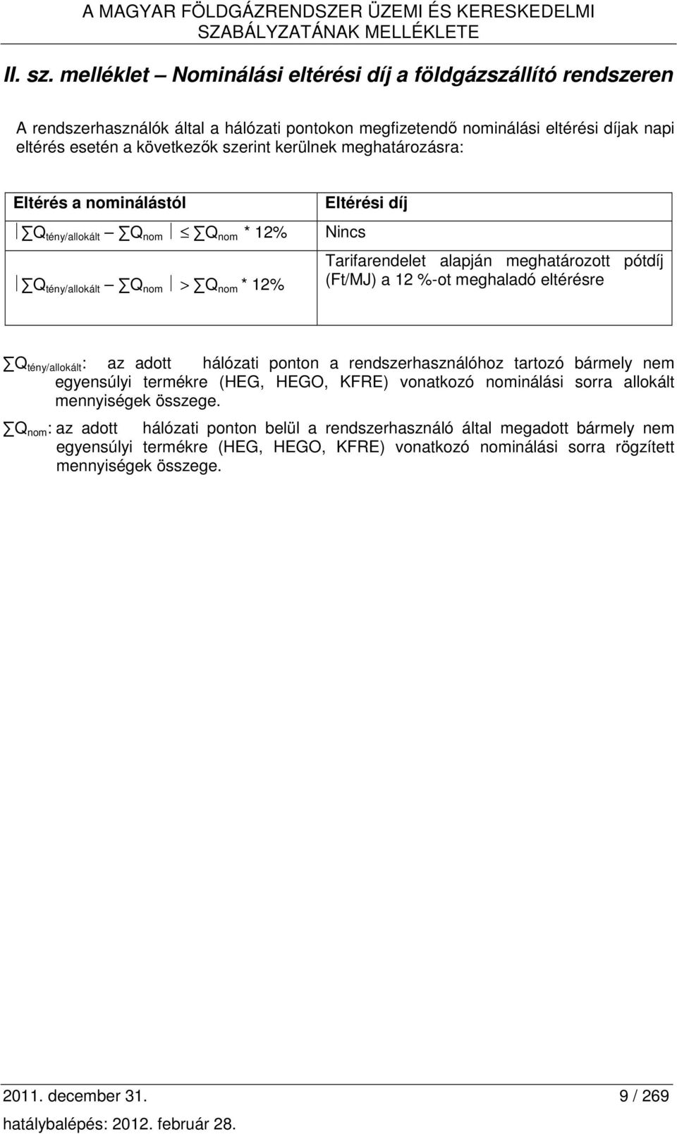 meghatározásra: Eltérés a nominálástól Q tény/allokált Q nom Q nom * 12% Q tény/allokált Q nom > Q nom * 12% Eltérési díj Nincs Tarifarendelet alapján meghatározott pótdíj (Ft/MJ) a 12 %-ot meghaladó