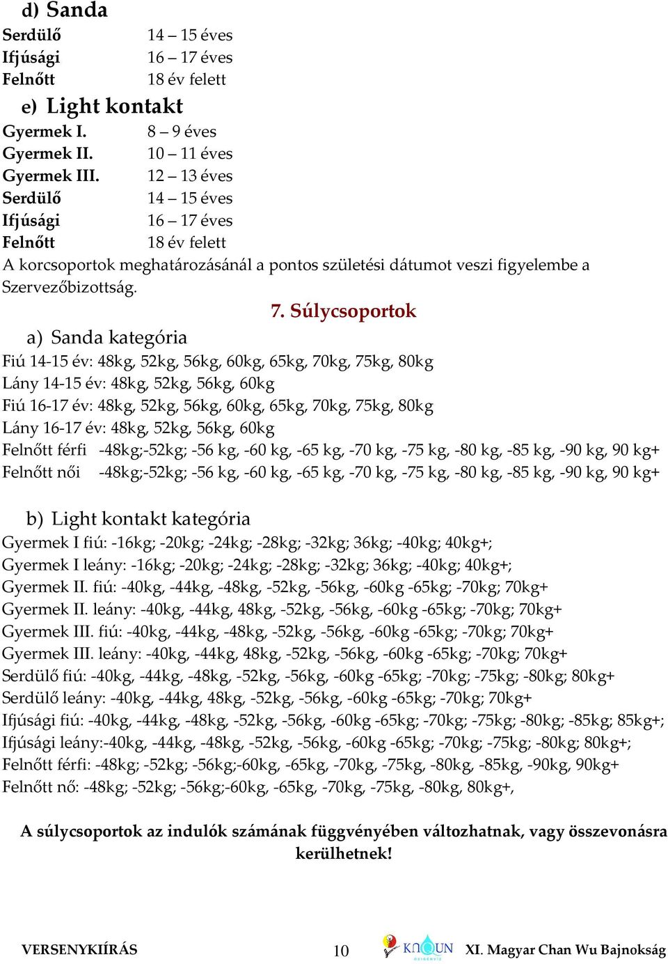 Súlycsoportok a) Sanda kategória Fiú 14-15 év: 48kg, 52kg, 56kg, 60kg, 65kg, 70kg, 75kg, 80kg Lány 14-15 év: 48kg, 52kg, 56kg, 60kg Fiú 16-17 év: 48kg, 52kg, 56kg, 60kg, 65kg, 70kg, 75kg, 80kg Lány