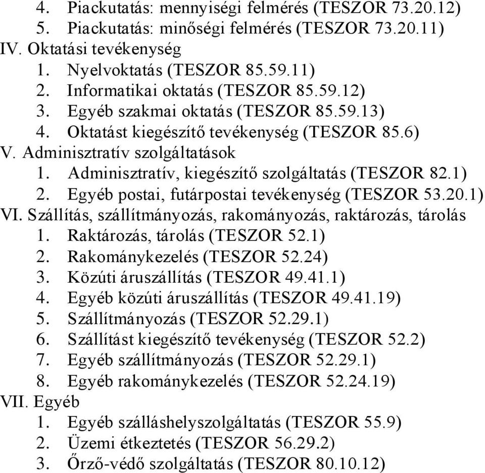 Egyéb postai, futárpostai tevékenység (TESZOR 53.20.1) VI. Szállítás, szállítmányozás, rakományozás, raktározás, tárolás 1. Raktározás, tárolás (TESZOR 52.1) 2. Rakománykezelés (TESZOR 52.24) 3.