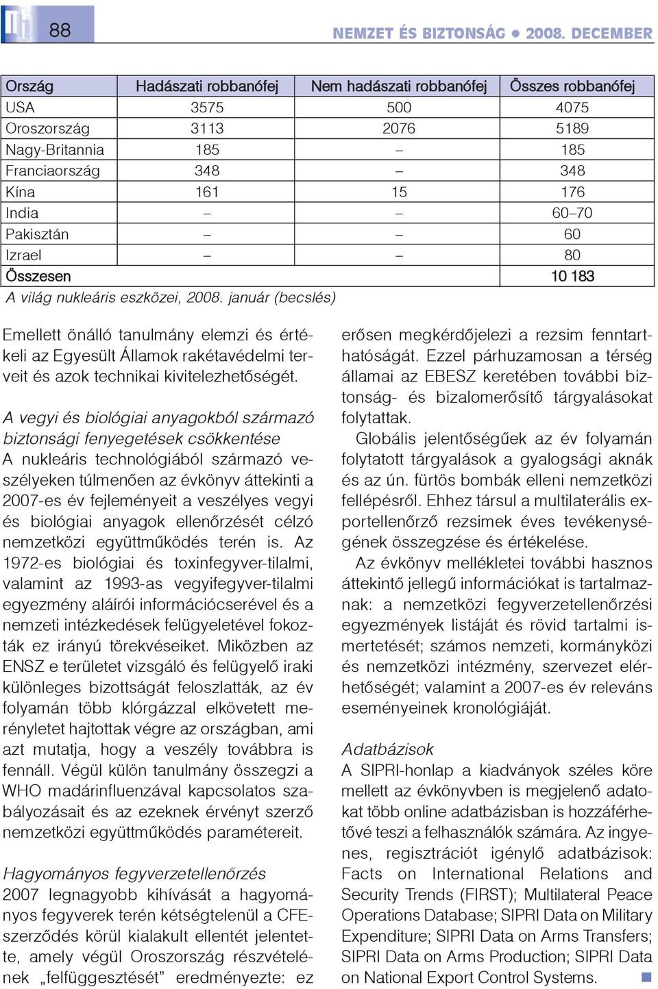 Pakisztán 60 Izrael 80 Összesen 10 183 A világ nukleáris eszközei, 2008.