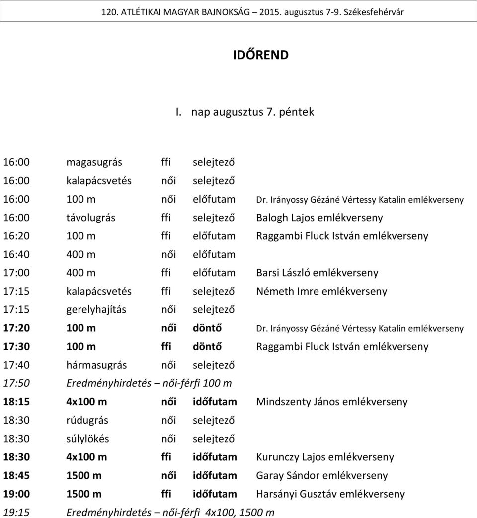 m ffi előfutam Barsi László emlékverseny 17:15 kalapácsvetés ffi selejtező Németh Imre emlékverseny 17:15 gerelyhajítás női selejtező 17:20 100 m női döntő Dr.