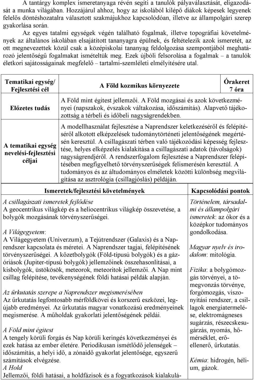 Az egyes tatalmi egységek végén található, illetve topográfiai követelmények az általános iskolában elsajátított tananyagra épülnek, és feltételezik azok ismeretét, az ott megnevezettek közül csak a