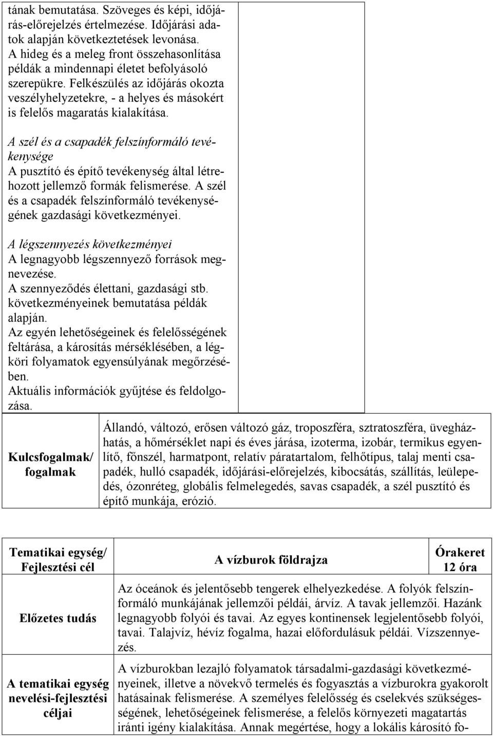 A szél és a csapadék felszínformáló tevékenysége A pusztító és építő tevékenység által létrehozott jellemző formák felismerése.