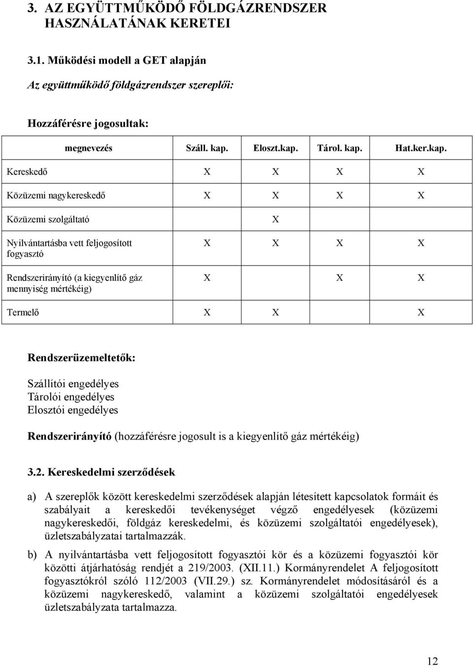 X X X Termelő X X X Rendszerüzemeltetők: Szállítói engedélyes Tárolói engedélyes Elosztói engedélyes Rendszerirányító (hozzáférésre jogosult is a kiegyenlítő gáz mértékéig) 3.2.