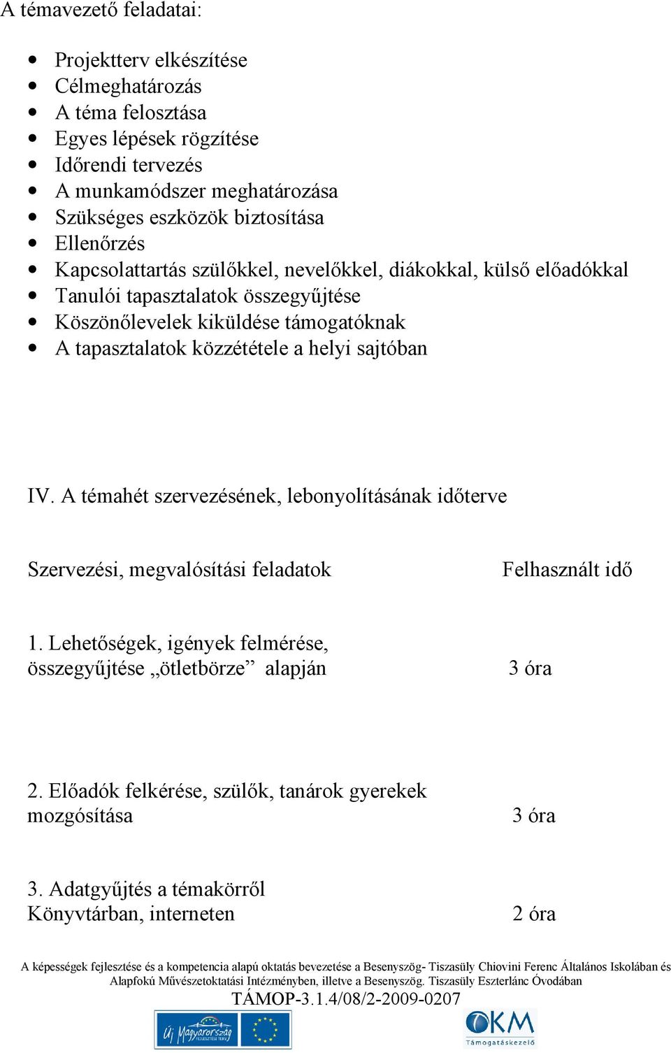 támogatóknak A tapasztalatok közzététele a helyi sajtóban IV. A témahét szervezésének, lebonyolításának időterve Szervezési, megvalósítási feladatok Felhasznált idő 1.