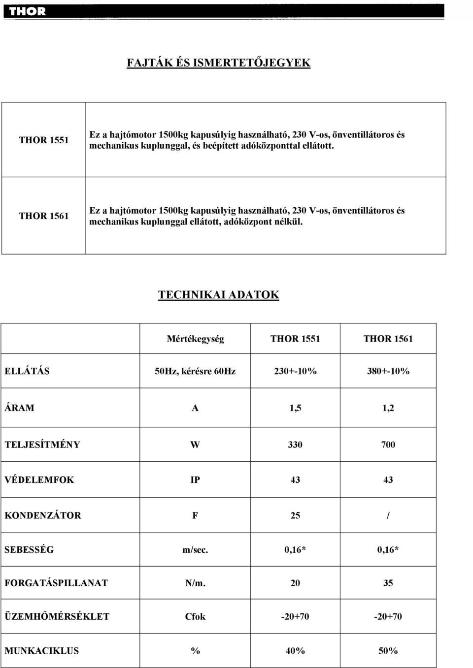 THOR 1561 Ez a hajtómotor 1500kg kapusúlyig használható, 230 V-os, önventillátoros és mechanikus kuplunggal ellátott, adóközpont nélkül.