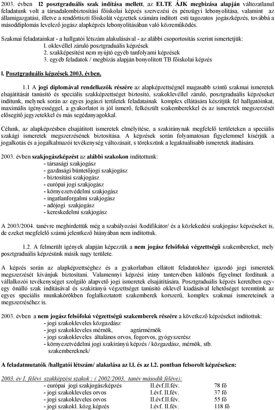 közreműködés. Szakmai feladatainkat - a hallgatói létszám alakulásával - az alábbi csoportosítás szerint ismertetjük: l. oklevéllel záruló posztgraduális képzések 2.