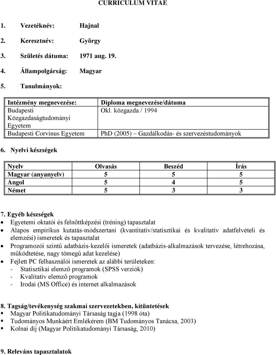 Nyelvi készségek Nyelv Olvasás Beszéd Írás Magyar (anyanyelv) 5 5 5 Angol 5 4 5 Német 5 3 3 7.