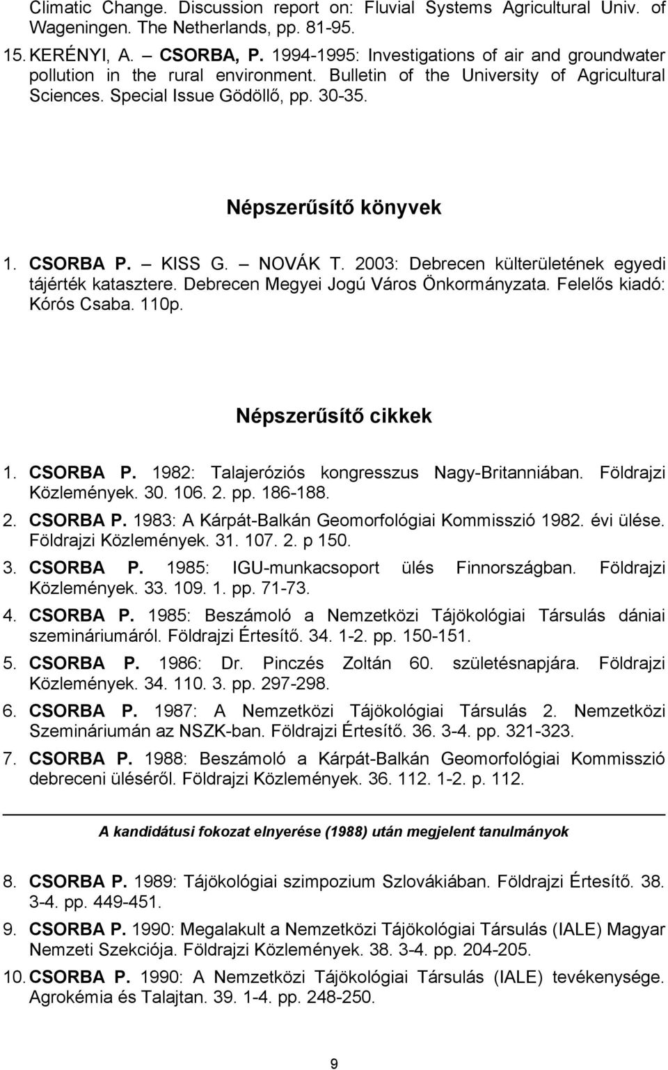 CSORBA P. KISS G. NOVÁK T. 2003: Debrecen külterületének egyedi tájérték katasztere. Debrecen Megyei Jogú Város Önkormányzata. Felelős kiadó: Kórós Csaba. 110p. Népszerűsítő cikkek 1. CSORBA P.
