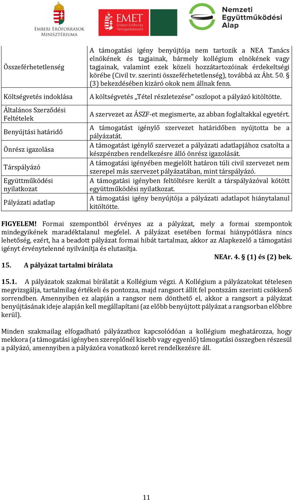 szerinti összeférhetetlenség), továbbá az Áht. 50. (3) bekezdésében kizáró okok nem állnak fenn. A költségvetés Tétel részletezése oszlopot a pályázó kitöltötte.