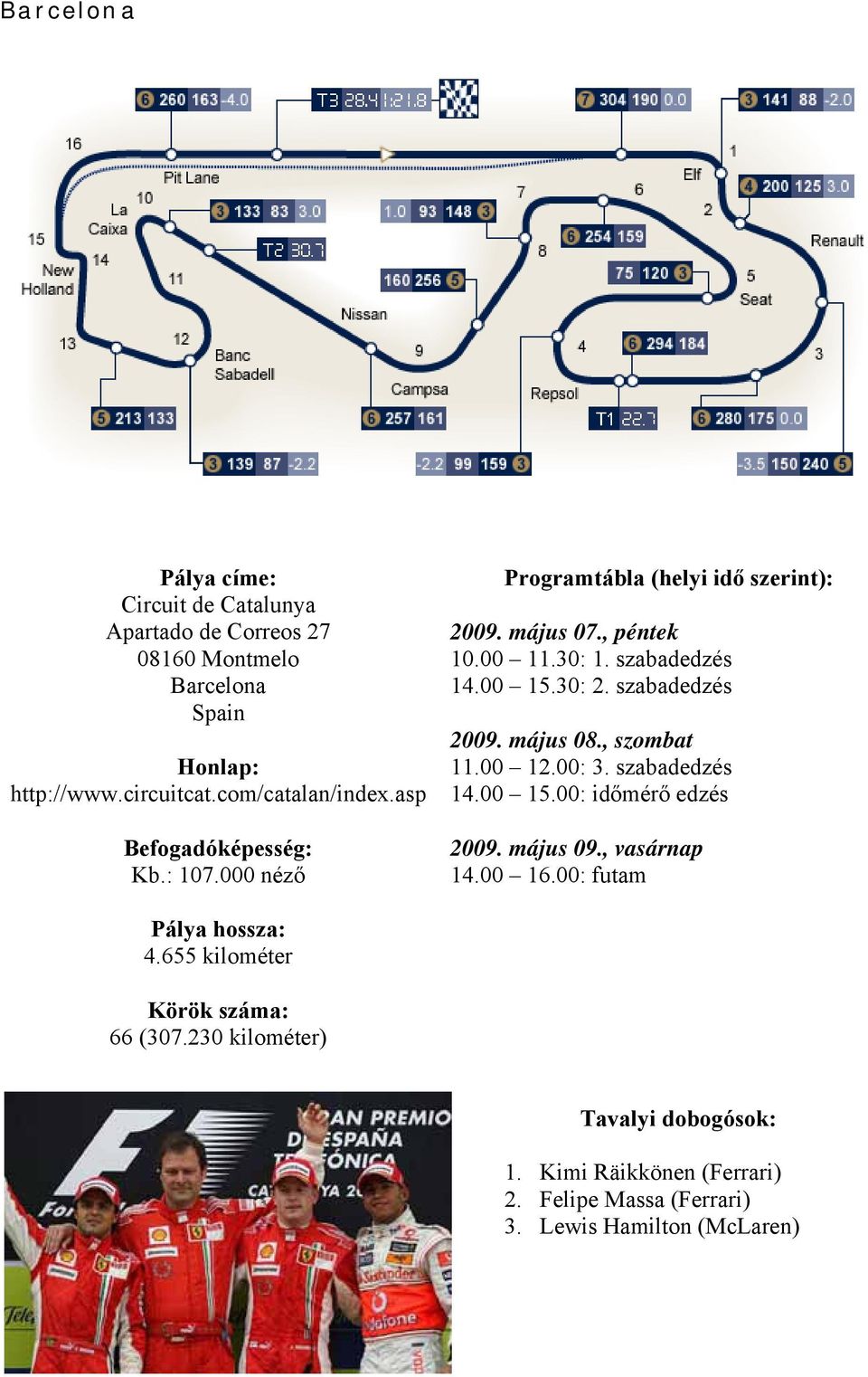 szabadedzés 2009. május 08., szombat 11.00 12.00: 3. szabadedzés 14.00 15.00: időmérő edzés 2009. május 09., vasárnap 14.00 16.