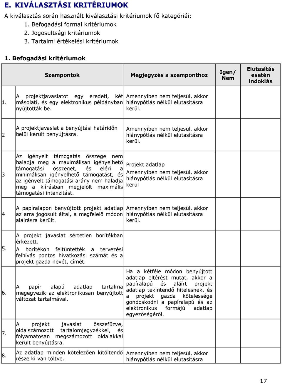 Amennyiben nem teljesül, akkor hiánypótlás nélkül elutasításra kerül. 2 A projektjavaslat a benyújtási határidın belül került benyújtásra.