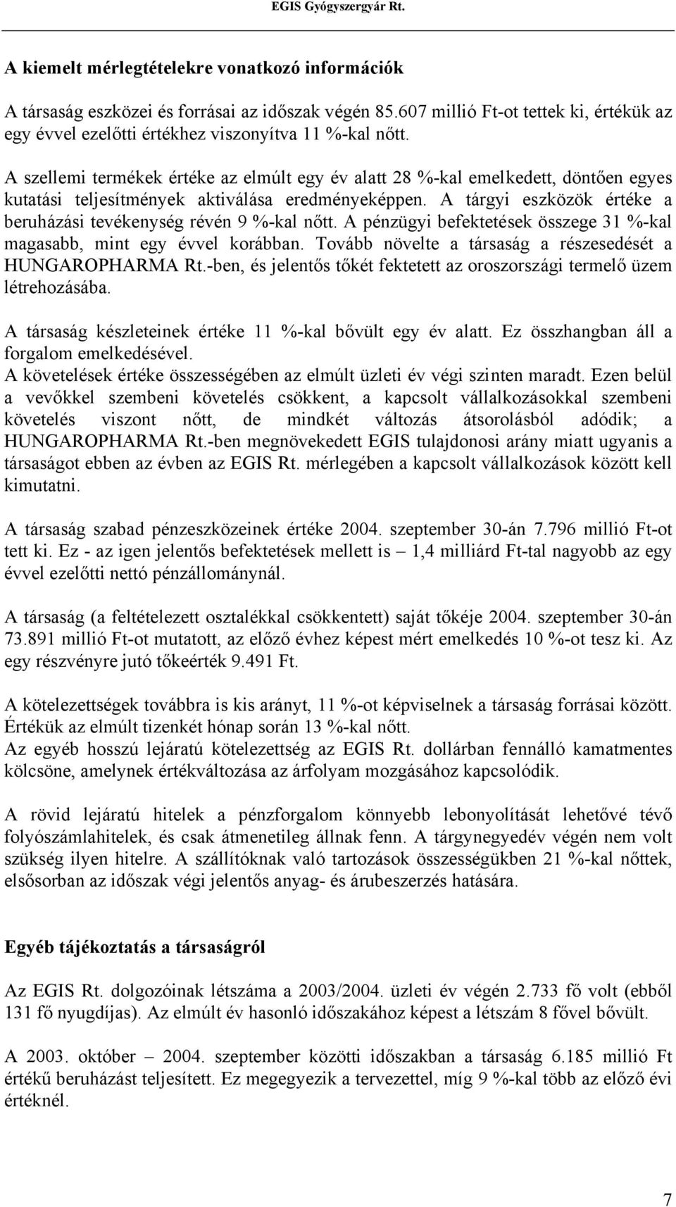 A tárgyi eszközök értéke a beruházási tevékenység révén 9 %-kal nőtt. A pénzügyi befektetések összege 31 %-kal magasabb, mint egy évvel korábban.