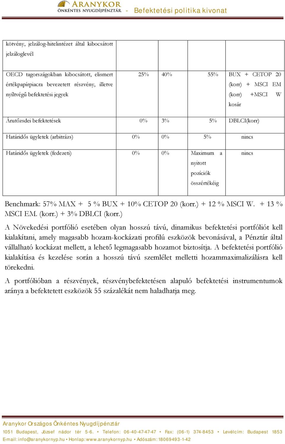 pozíciók összértékéig nincs Benchmark: 57% MAX + 5 % BUX + 10% CETOP 20 (korr.) + 12 % MSCI W. + 13 % MSCI EM. (korr.) + 3% DBLCI (korr.