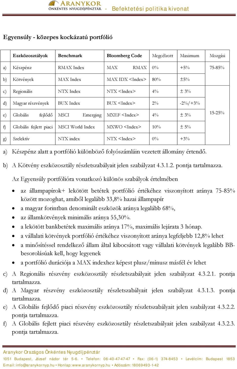 World Index MXWO <Index> 10% ± 5% g) Szelektív NTX index NTX <Index> 0% +3% a) Készpénz alatt a portfólió különböző folyószámláin vezetett állomány értendő.