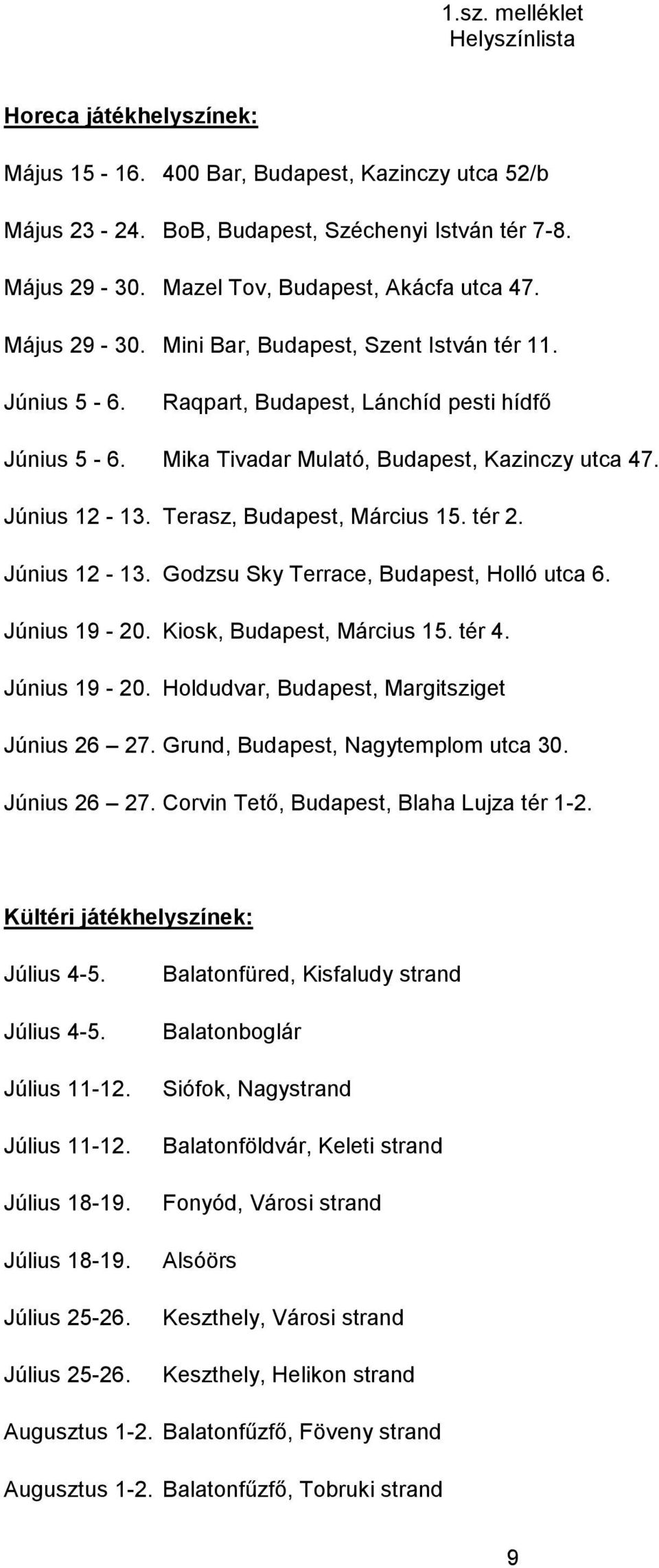 Mika Tivadar Mulató, Budapest, Kazinczy utca 47. Június 12-13. Terasz, Budapest, Március 15. tér 2. Június 12-13. Godzsu Sky Terrace, Budapest, Holló utca 6. Június 19-20. Kiosk, Budapest, Március 15.
