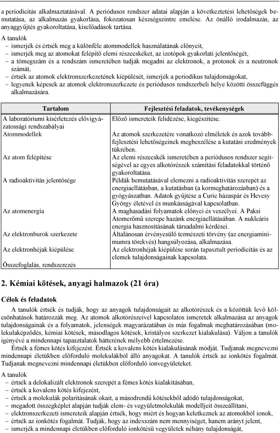 ismerjék és értsék meg a különféle atommodellek használatának előnyeit, ismerjék meg az atomokat felépítő elemi részecskéket, az izotópok gyakorlati jelentőségét, a tömegszám és a rendszám