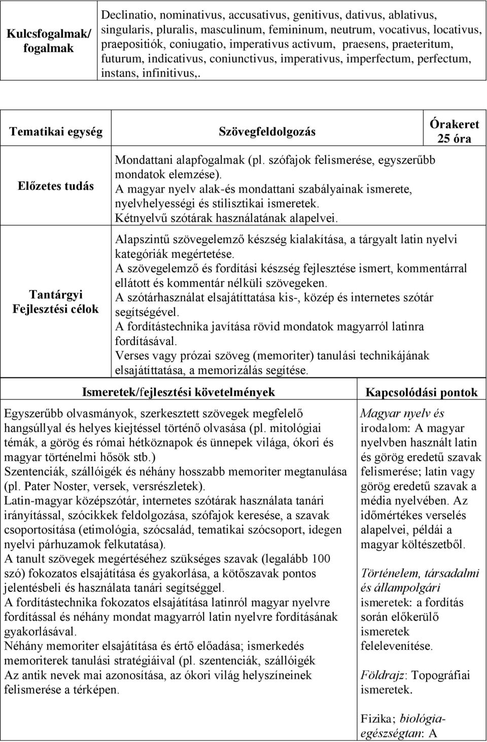 Tematikai egység Tantárgyi Fejlesztési célok Szövegfeldolgozás Mondattani alapfogalmak (pl. szófajok felismerése, egyszerűbb mondatok elemzése).