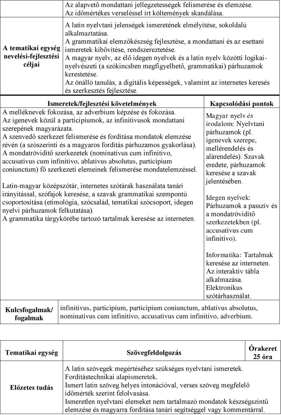 A magyar nyelv, az élő idegen nyelvek és a latin nyelv közötti logikainyelvészeti (a szókincsben megfigyelhető, grammatikai) párhuzamok kerestetése.