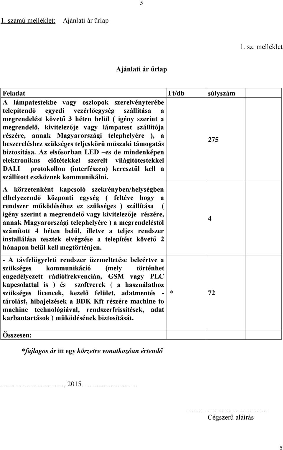 melléklet Ajánlati ár űrlap Feladat Ft/db súlyszám A lámpatestekbe vagy szlpk szerelvényterébe telepítendő egyedi vezérlőegység szállítása a megrendelést követő 3 héten belül ( igény szerint a