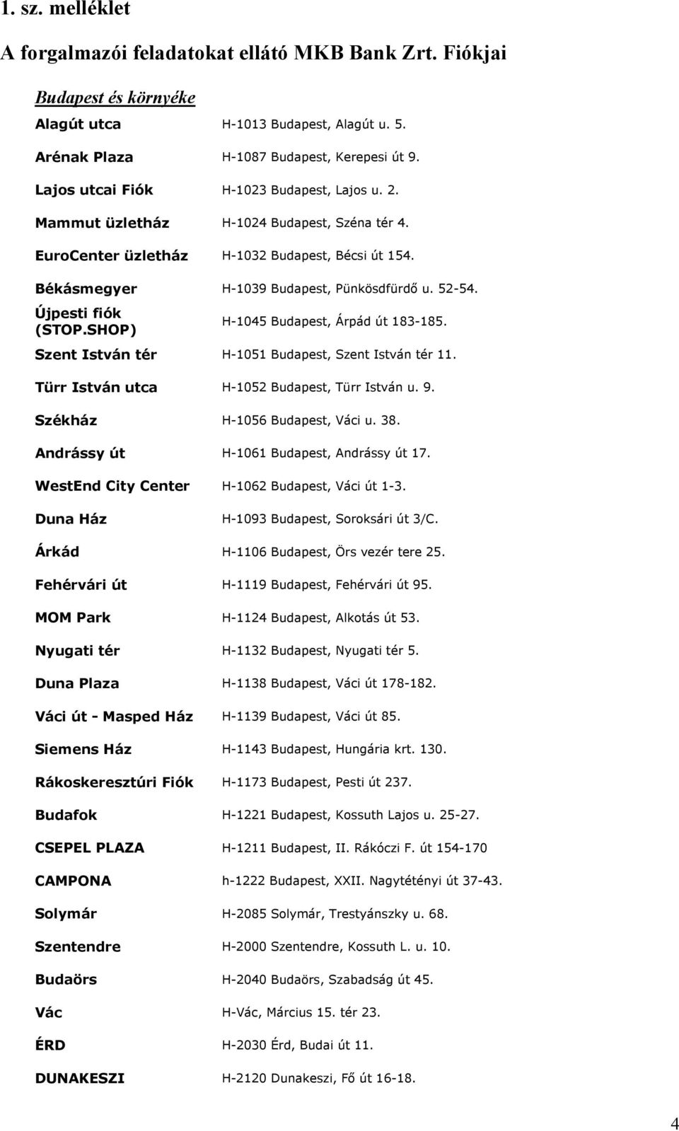 Újpesti fiók (STOP.SHOP) H-1045 Budapest, Árpád út 183-185. Szent István tér H-1051 Budapest, Szent István tér 11. Türr István utca H-1052 Budapest, Türr István u. 9. Székház H-1056 Budapest, Váci u.