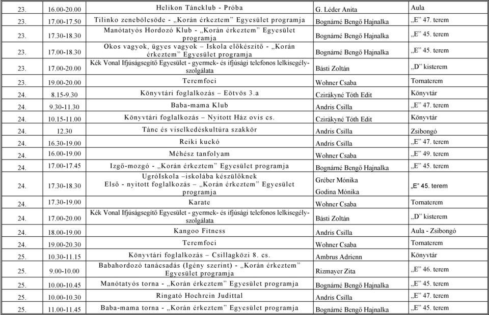 30 Okos vagyok, ügyes vagyok Iskola előkészítő - Korán érkeztem Egyesület programja Bognárné Bengő Hajnalka E 45. terem 23. 17.00-20.00 23. 19.00-20.00 Teremfoci Wohner Csaba Tornaterem 24. 8.15-9.