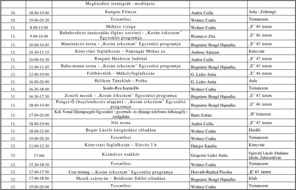 terem 11. 10.30-11.15 Könyvtári foglalkozás Napsugár Mókus cs. Ambrus Adrienn Könyvtár 11. 10.00-10.30 Ringató Hochrein Judittal Andris Csilla E 47. terem 11. 11.00-11.