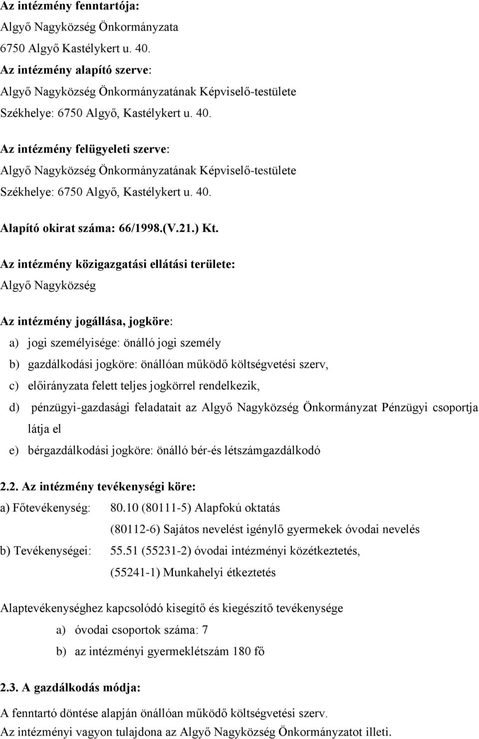 Az intézmény felügyeleti szerve: Algyő Nagyközség Önkormányzatának Képviselő-testülete Székhelye: 6750 Algyő, Kastélykert u. 40. Alapító okirat száma: 66/1998.(V.21.) Kt.