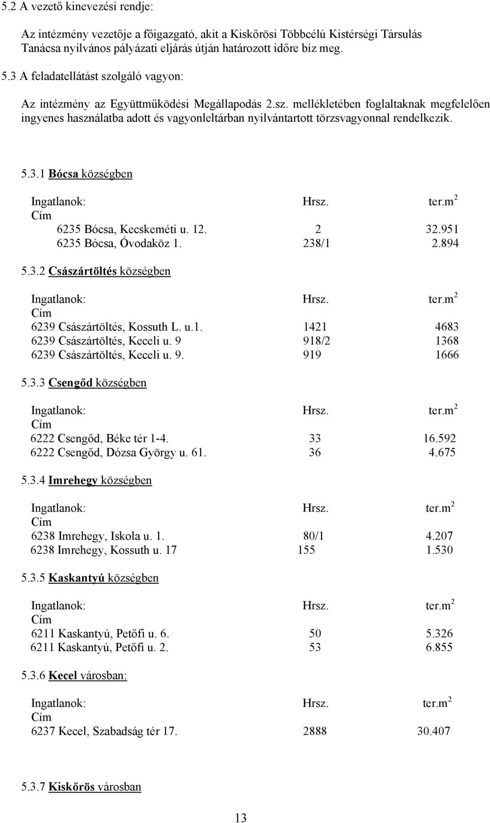 5.3.1 Bócsa községben 6235 Bócsa, Kecskeméti u. 12. 2 32.951 6235 Bócsa, Óvodaköz 1. 238/1 2.894 5.3.2 Császártöltés községben 6239 Császártöltés, Kossuth L. u.1. 1421 4683 6239 Császártöltés, Keceli u.