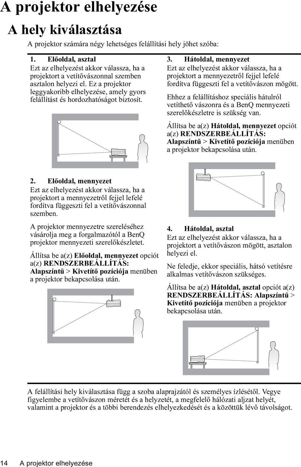 Ez a projektor leggyakoribb elhelyezése, amely gyors felállítást és hordozhatóságot biztosít. 3.