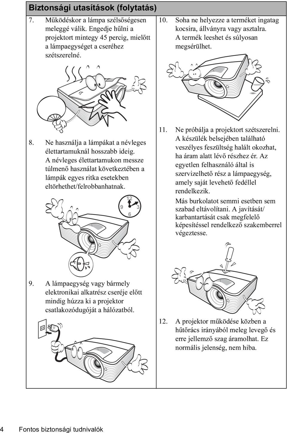 A névleges élettartamukon messze túlmenő használat következtében a lámpák egyes ritka esetekben eltörhethet/felrobbanhatnak. 11. Ne próbálja a projektort szétszerelni.