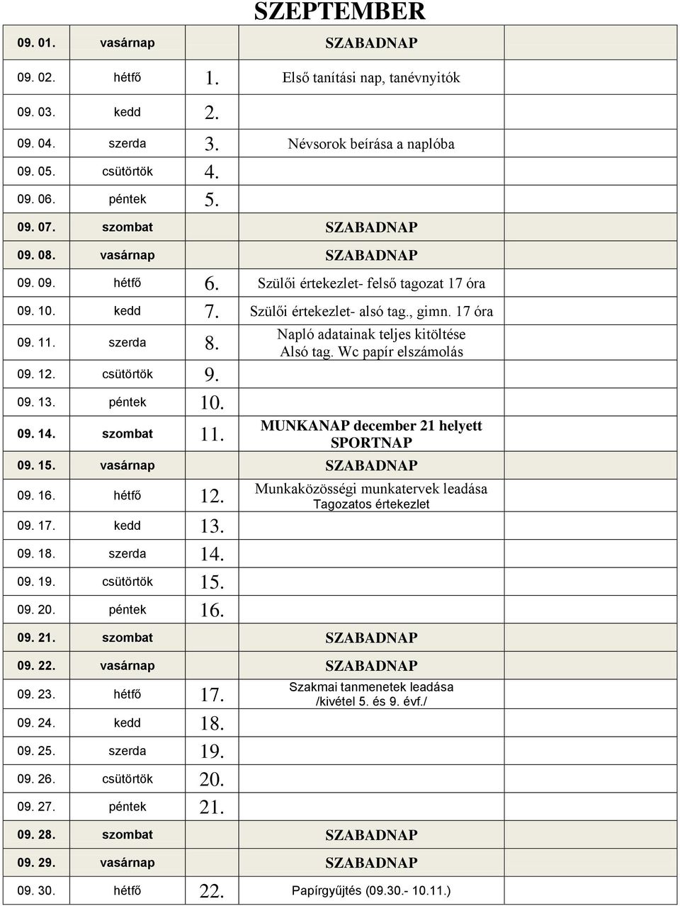 09. 13. péntek 10. 09. 14. szombat 11. Napló adatainak teljes kitöltése Alsó tag. Wc papír elszámolás MUNKANAP december 21 helyett SPORTNAP 09. 15. vasárnap SZABADNAP 09. 16. hétfő 12. 09. 17.