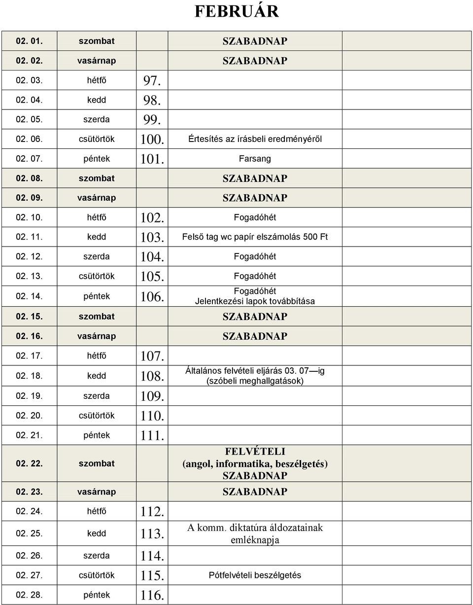 Fogadóhét 02. 14. péntek 106. Fogadóhét Jelentkezési lapok továbbítása 02. 15. szombat SZABADNAP 02. 16. vasárnap SZABADNAP 02. 17. hétfő 107. 02. 18. kedd 108. 02. 19. szerda 109. 02. 20.