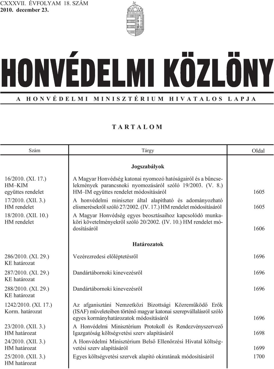 ) HM IM együttes rendelet módosításáról 1605 A honvédelmi miniszter által alapítható és adományozható elismerésekrõl szóló 27/2002. (IV. 17.