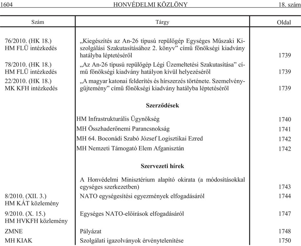és hírszerzés története. Szemelvénygûjtemény címû fõnökségi kiadvány hatályba léptetésérõl 1739 Szerzõdések HM Infrastrukturális Ügynökség 1740 MH Összhaderõnemi Parancsnokság 1741 MH 64.