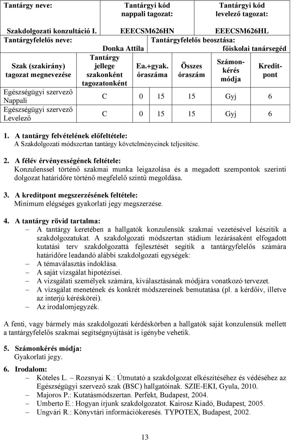 tagozatonként Ea.+gyak. óraszáma Összes óraszám Számonkérés módja Kreditpont C 0 15 15 Gyj 6 C 0 15 15 Gyj 6 1.