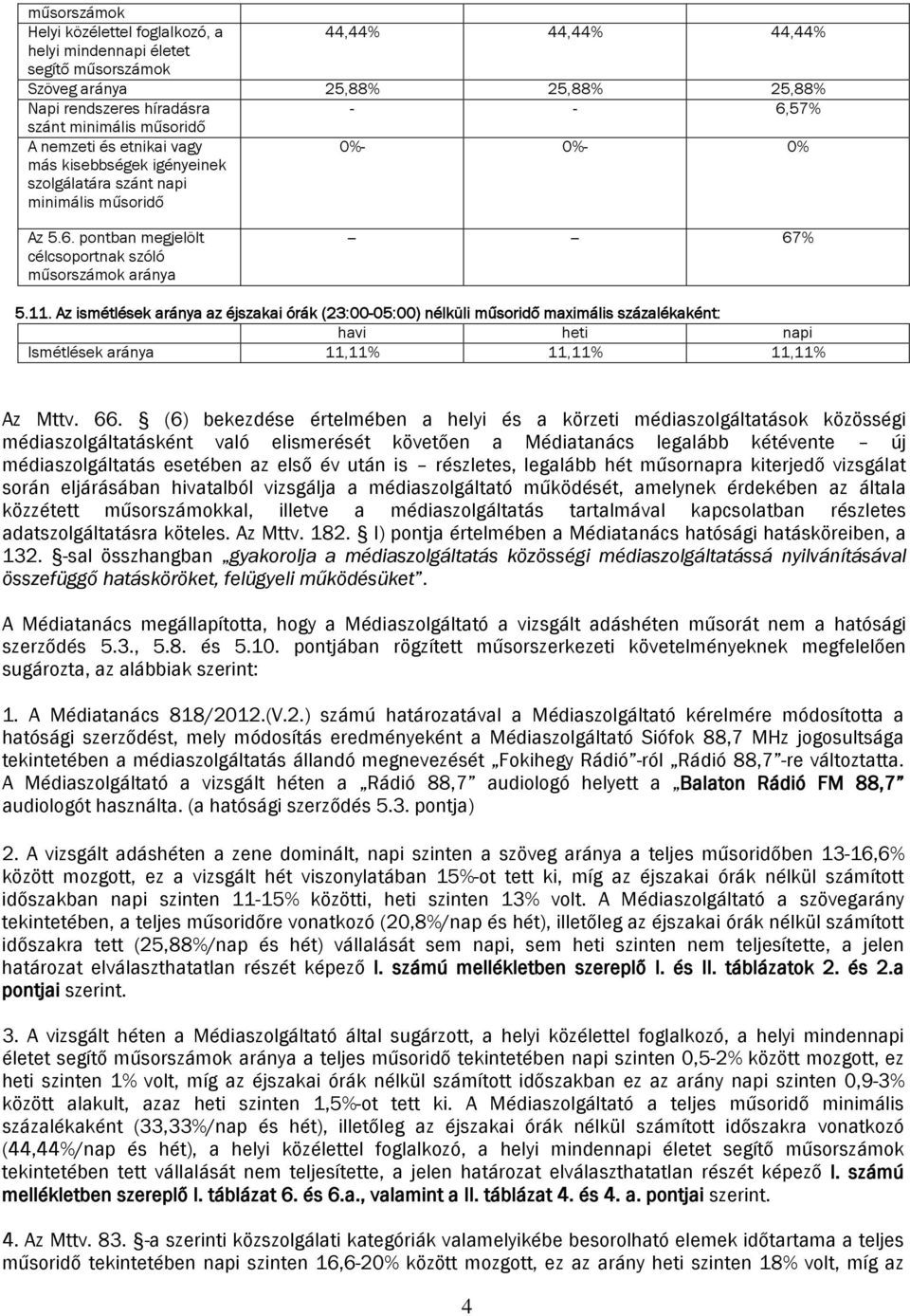 Az ismétlése aránya az éjszaai órá (23:00-05:00) nélüli műsoridő maximális százaléaént: havi heti napi Ismétlése aránya 11,11% 11,11% 11,11% Az Mttv. 66.