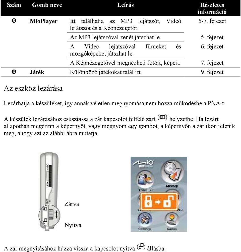 9. fejezet Az eszköz lezárása Lezárhatja a készüléket, így annak véletlen megnyomása nem hozza mőködésbe a PNA-t. A készülék lezárásához csúsztassa a zár kapcsolót felfelé zárt helyzetbe.